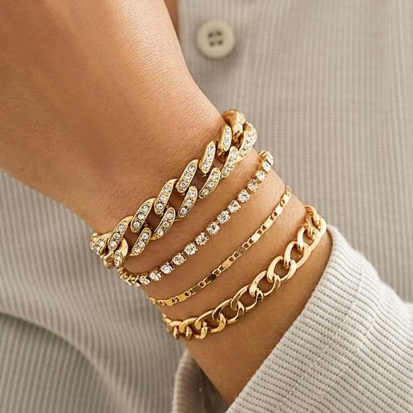 Private Label Jewelry - 4-Piece Inlaid Rhinestone Bling Gold Chain Bracelet Set